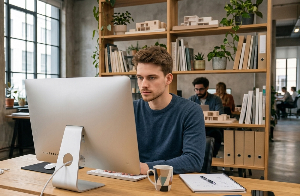 Auszubildender am Arbeitsplatz in der Vervum Agentur